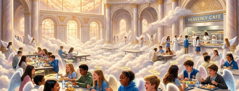 Teen angels sitting at long tables sharing meals in a bright, grand heavenly cafe
